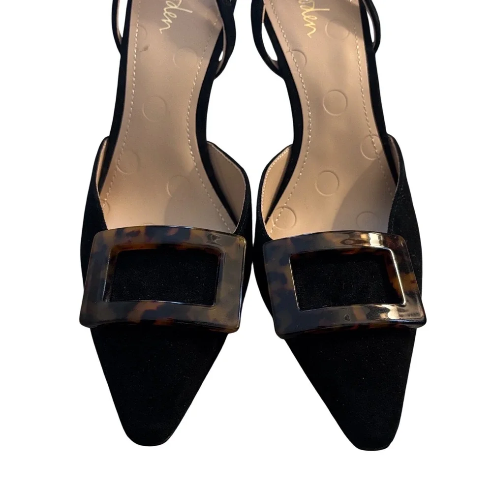Boden Black Suede Slingback Pumps Tortoise Buckle Pointed Toe Heel Womens 39 / 8